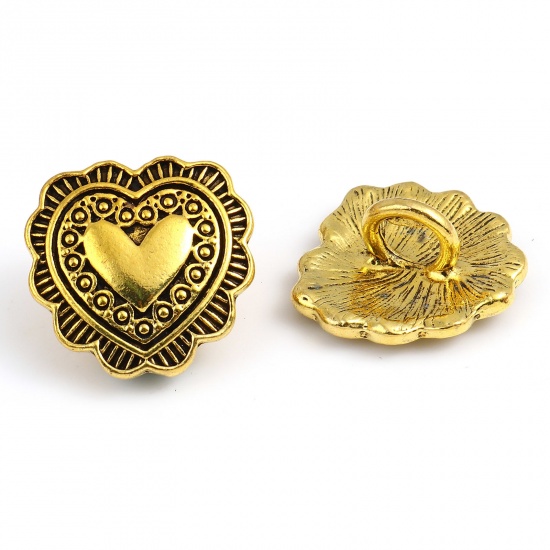 Picture of Zinc Based Alloy Valentine's Day Metal Sewing Shank Buttons Heart Gold Tone Antique Gold Dot Carved 20mm x 20mm, 3 PCs