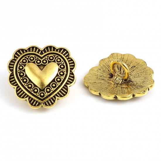 Picture of Zinc Based Alloy Valentine's Day Metal Sewing Shank Buttons Heart Gold Tone Antique Gold Dot Carved 27mm x 27mm, 3 PCs
