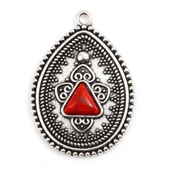 Picture of Boho Chic Bohemia Pendants Triangle Antique Silver Color Red 3.8cm x 2.6cm, 1 Piece