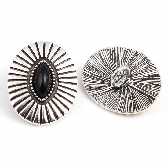 Picture of Zinc Based Alloy & Acrylic Boho Chic Bohemia Metal Sewing Shank Buttons Marquise Antique Silver Color Black Geometric Carved 3.3cm x 2.6cm, 3 PCs