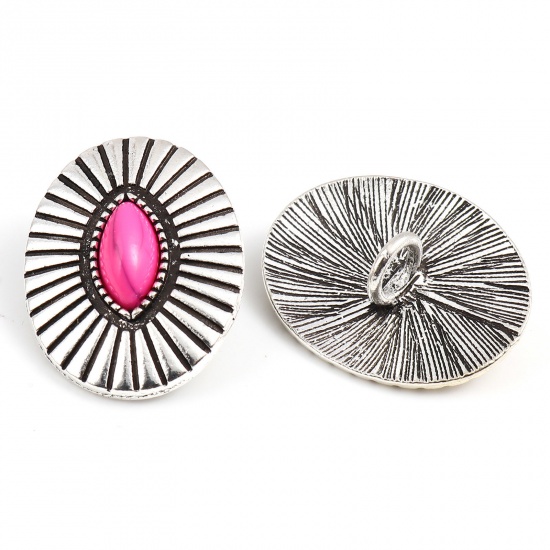 Picture of Zinc Based Alloy & Acrylic Boho Chic Bohemia Metal Sewing Shank Buttons Marquise Antique Silver Color Fuchsia Geometric Carved 3.3cm x 2.6cm, 3 PCs