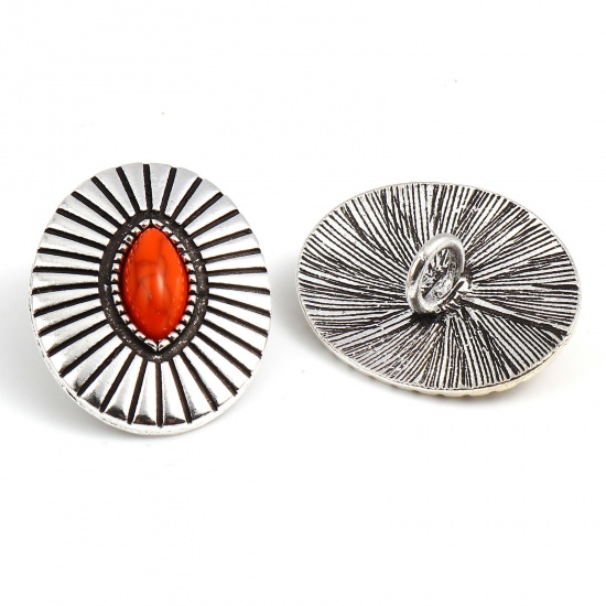Picture of Zinc Based Alloy & Acrylic Boho Chic Bohemia Metal Sewing Shank Buttons Marquise Antique Silver Color Orange Geometric Carved 3.3cm x 2.6cm, 3 PCs