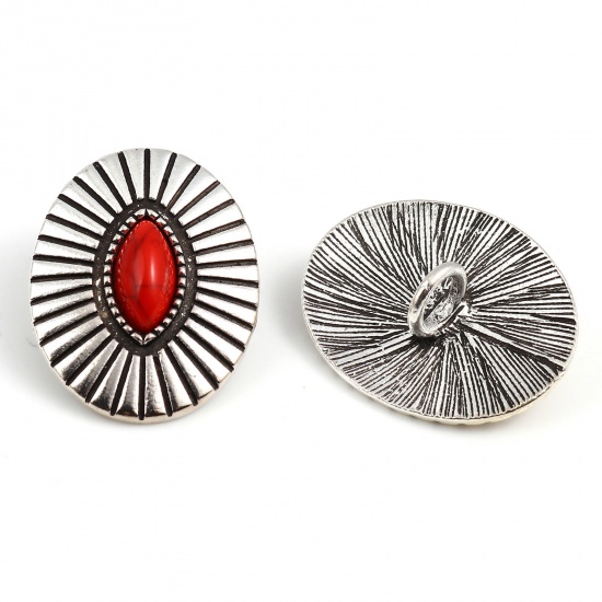Picture of Zinc Based Alloy & Acrylic Boho Chic Bohemia Metal Sewing Shank Buttons Marquise Antique Silver Color Red Geometric Carved 3.3cm x 2.6cm, 3 PCs