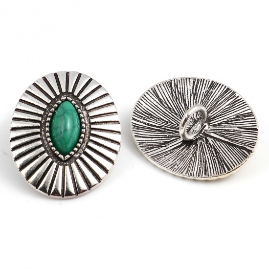 Picture of Zinc Based Alloy & Acrylic Boho Chic Bohemia Metal Sewing Shank Buttons Marquise Antique Silver Color Green Geometric Carved 3.3cm x 2.6cm, 3 PCs