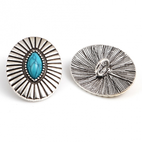 Picture of Zinc Based Alloy & Acrylic Boho Chic Bohemia Metal Sewing Shank Buttons Marquise Antique Silver Color Cyan Geometric Carved 3.3cm x 2.6cm, 3 PCs