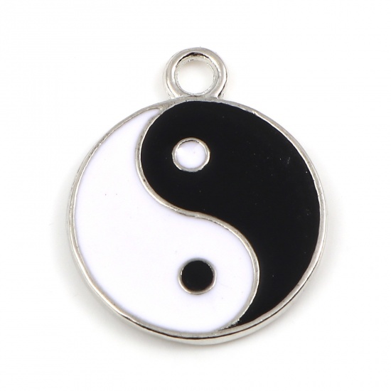 Bild von Zinklegierung Religiös Charms Rund Silberfarbe Schwarz & Weiß Yin Yang Symbol Emaille 28mm x 23mm, 10 Stück