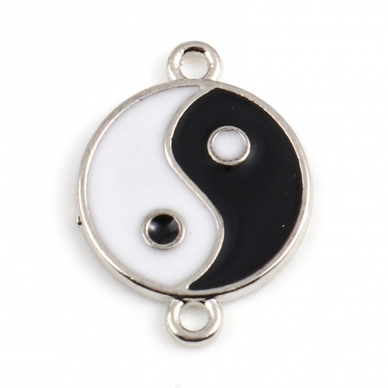Bild von Zinklegierung Religiös Verbinder Rund Silberfarbe Schwarz & Weiß Yin Yang Symbol Emaille 21mm x 15.5mm, 10 Stück