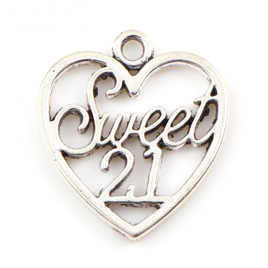 Picture of Zinc Based Alloy Charms Heart Antique Silver Color Message " sweet 21 " Hollow 21mm x 19mm, 20 PCs