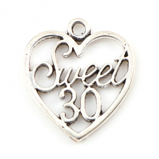Picture of Zinc Based Alloy Charms Heart Antique Silver Color Message " sweet 30 " Hollow 21mm x 19mm, 20 PCs