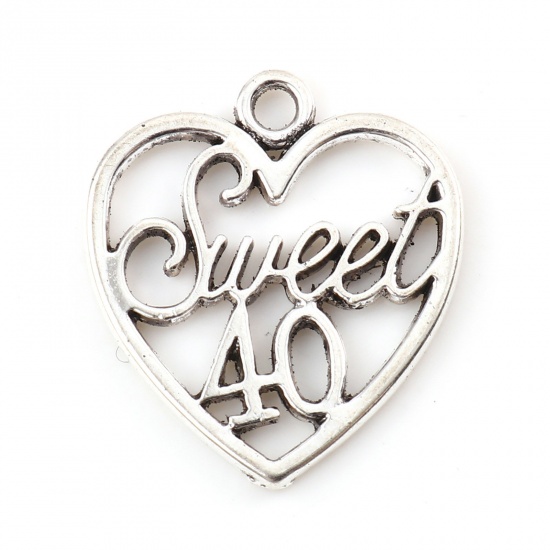 Picture of Zinc Based Alloy Charms Heart Antique Silver Color Message " sweet 40 " Hollow 21mm x 19mm, 20 PCs