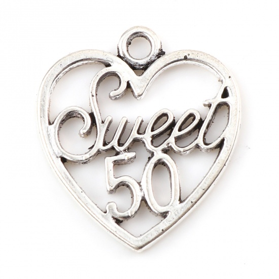 Picture of Zinc Based Alloy Charms Heart Antique Silver Color Message " sweet 50 " Hollow 21mm x 19mm, 20 PCs