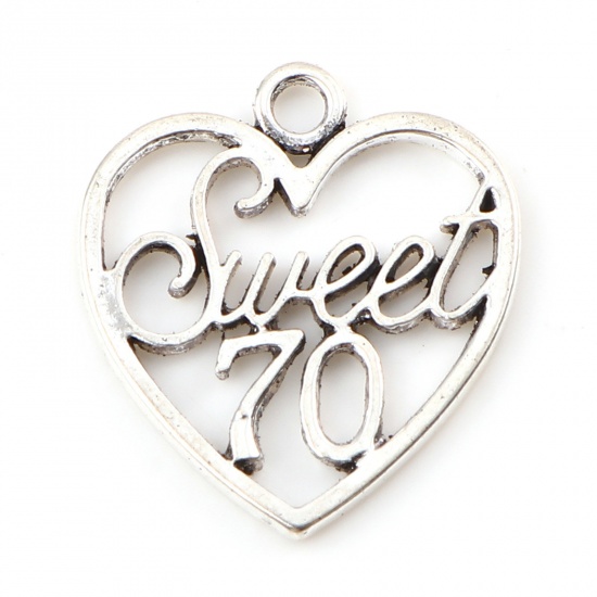Picture of Zinc Based Alloy Charms Heart Antique Silver Color Message " sweet 70 " Hollow 21mm x 19mm, 20 PCs