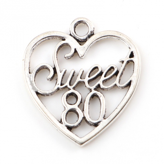 Picture of Zinc Based Alloy Charms Heart Antique Silver Color Message " sweet 80 " Hollow 21mm x 19mm, 20 PCs