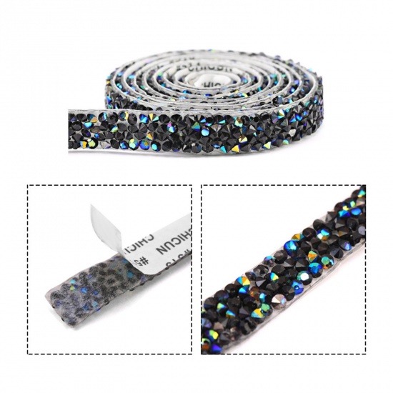 Picture of Glass Double Sided Sticker Adhesive Tape Decorative Accessories Rhinestone Strips Black AB Color 10mm, 1 Roll (Approx 0.91 M/Roll)