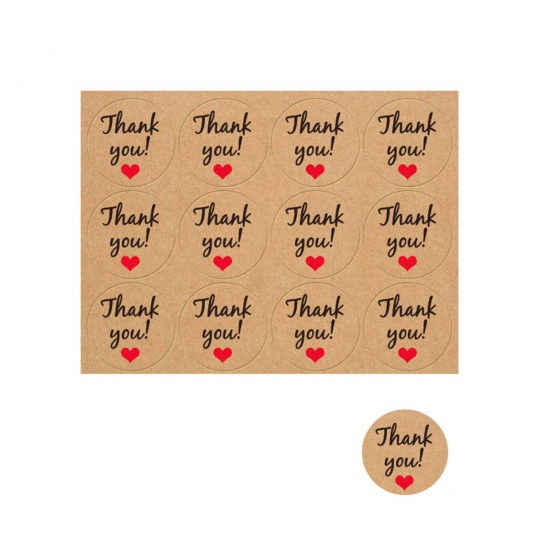 Immagine di Carta Sigilli Adesivi Etichette Marrone Tondo Cuore Lettere " THANK YOU " 11.7cm x 9cm, 1 Foglio