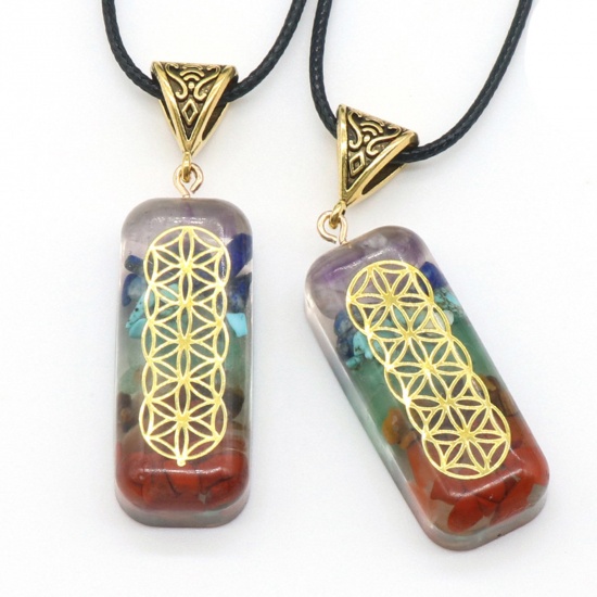 Picture of Gemstone ( Natural ) Yoga Healing Pendants Golden Multicolor Rectangle Imitation Amber 4cm x 1.5cm, 1 Piece