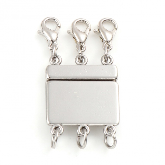 Picture of Zinc Based Alloy Magnetic 3 Layered Clasps For Stackable Multi-layer Necklace Bracelet Rectangle Silver Tone 3.6cm x 1.8cm, 1 Piece
