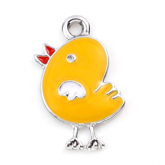 Picture of Zinc Based Alloy Charms Chicken Silver Tone Dark Yellow Enamel 20mm x 14mm, 10 PCs
