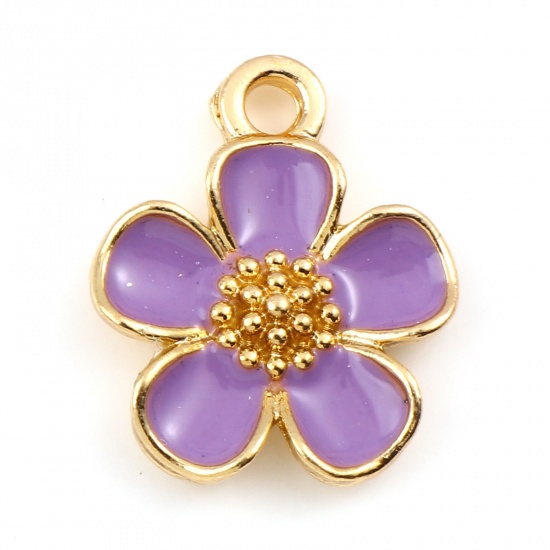 Picture of Zinc Based Alloy Charms Flower Leaves Gold Plated Purple Enamel 16mm x 13mm, 20 PCs