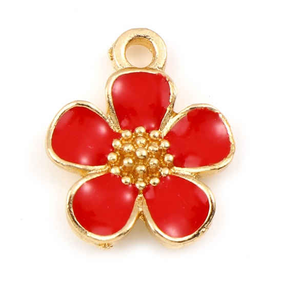 Picture of Zinc Based Alloy Charms Flower Leaves Gold Plated Red Enamel 16mm x 13mm, 20 PCs
