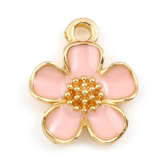 Picture of Zinc Based Alloy Charms Flower Leaves Gold Plated Pink Enamel 16mm x 13mm, 20 PCs