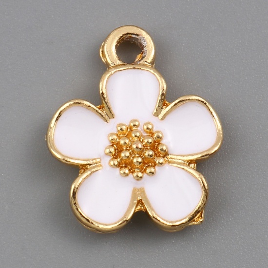 Picture of Zinc Based Alloy Charms Flower Leaves Gold Plated White Enamel 16mm x 13mm, 20 PCs