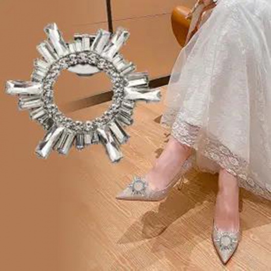 Picture of Glass Shoe Buckles For DIY Shoe Charm Decoration Accessories Round Platinum Color Clear Rhinestone 5.8cm Dia., 1 Piece