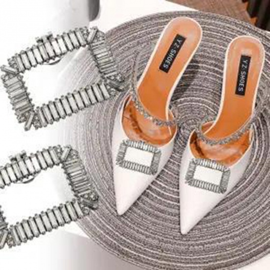 Picture of Glass Shoe Buckles For DIY Shoe Charm Decoration Accessories Rectangle Platinum Color Clear Rhinestone 4.6cm, 1 Piece