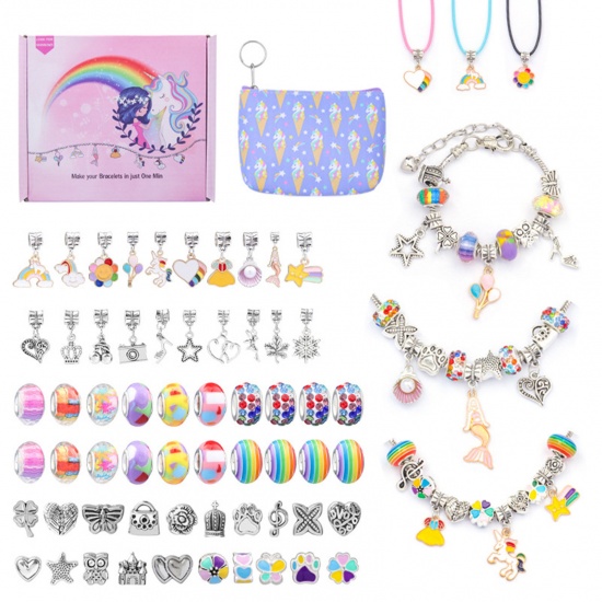 Picture of Children Kids Jewelry Necklace Bracelets Large Hole Charm Beads Set Multicolor Mermaid Horse Enamel Multicolor Rhinestone 1 Set