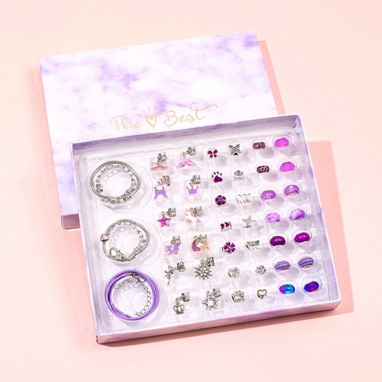 Picture of Children Kids Jewelry Necklace Bracelets Large Hole Charm Beads Set Purple Deer Animal Star Enamel 1 Set