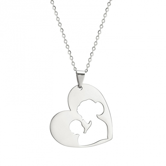 Bild von Edelstahl Muttertag Gliederkette Kette Halskette Silberfarbe Mutter & Kind Herz 45cm lang, 1 Strang