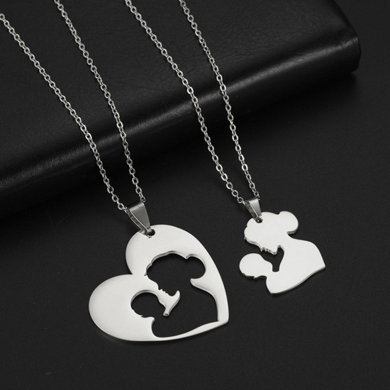 Bild von Edelstahl Muttertag Gliederkette Kette Halskette Silberfarbe Mutter & Kind Herz 45cm lang, 1 Set ( 2 Stück/Set