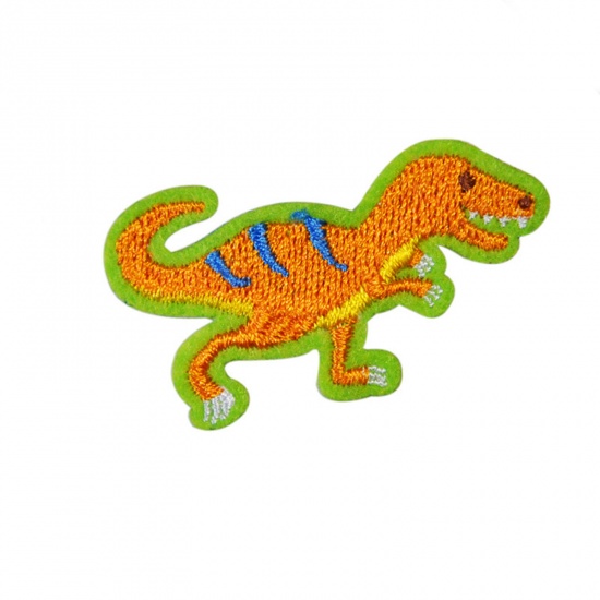 Picture of Polyester Iron On Patches Appliques (With Glue Back) Craft Brown Dinosaur Animal Embroidered 4.7cm x 2.8cm, 5 PCs
