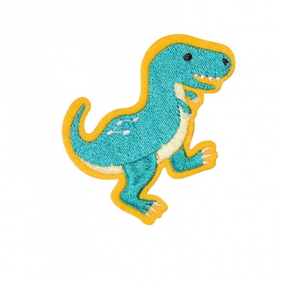Picture of Polyester Iron On Patches Appliques (With Glue Back) Craft Green Blue Dinosaur Animal Embroidered 6.7cm x 6.2cm, 5 PCs