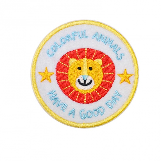 Picture of Polyester Iron On Patches Appliques (With Glue Back) Craft Multicolor Round Lion Embroidered 6.7cm Dia., 5 PCs