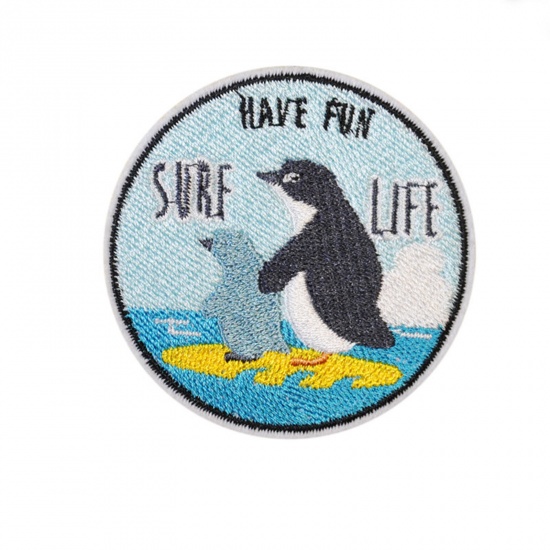 Picture of Polyester Iron On Patches Appliques (With Glue Back) Craft Multicolor Round Penguin Embroidered 6.8cm Dia., 5 PCs