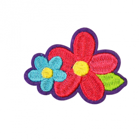 Picture of Polyester Iron On Patches Appliques (With Glue Back) Craft Multicolor Flower Embroidered 6cm x 4.5cm, 5 PCs