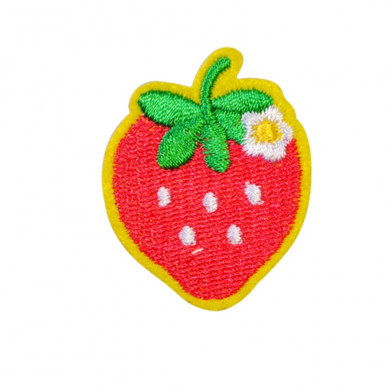 Picture of Polyester Iron On Patches Appliques (With Glue Back) Craft Red Strawberry Fruit Embroidered 4.2cm x 3.3cm, 5 PCs