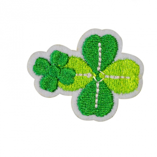 Picture of Polyester Iron On Patches Appliques (With Glue Back) Craft Green Four Leaf Clover Embroidered 4.3cm x 3.5cm, 5 PCs