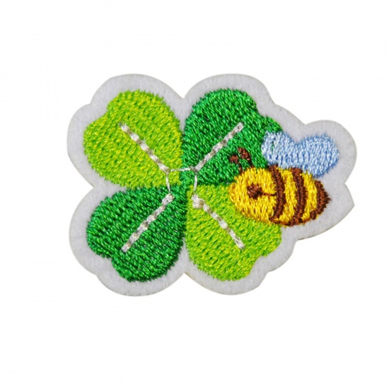 Picture of Polyester Insect Iron On Patches Appliques (With Glue Back) Craft Multicolor Four Leaf Clover Bee Embroidered 4cm x 3cm, 5 PCs