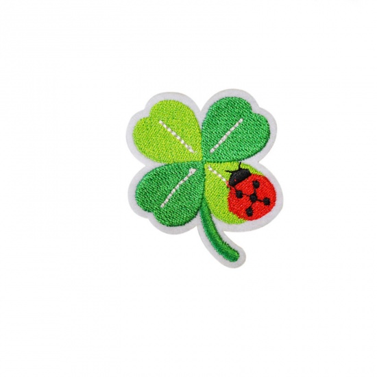Picture of Polyester Insect Iron On Patches Appliques (With Glue Back) Craft Multicolor Four Leaf Clover Ladybird Embroidered 3.8cm x 3.4cm, 5 PCs