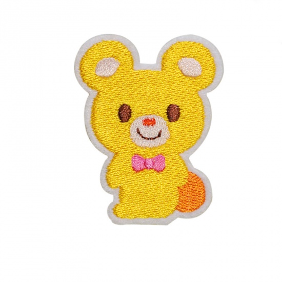 Picture of Polyester Iron On Patches Appliques (With Glue Back) Craft Yellow Bear Animal Embroidered 5.8cm x 4.5cm, 5 PCs