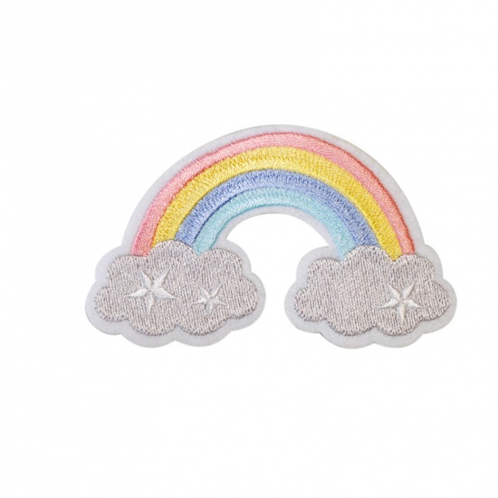 Picture of Polyester Weather Collection Iron On Patches Appliques (With Glue Back) Craft Multicolor Rainbow Embroidered 9.4cm x 5.7cm, 5 PCs