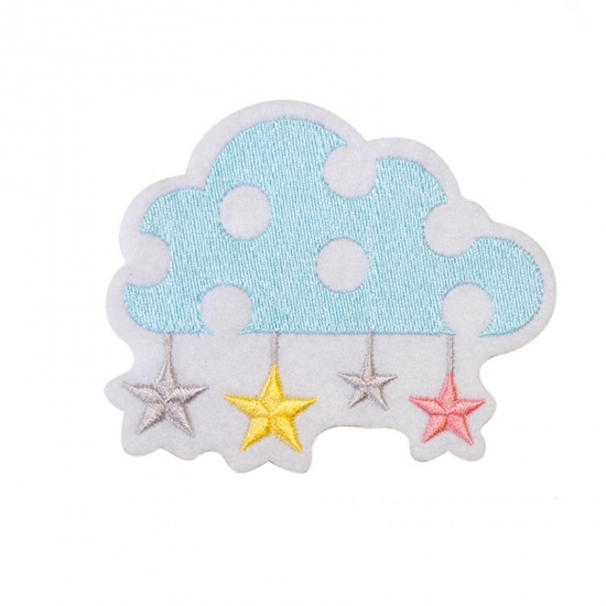 Picture of Polyester Weather Collection Iron On Patches Appliques (With Glue Back) Craft Multicolor Cloud Star Embroidered 9.3cm x 7.7cm, 5 PCs