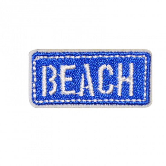 Picture of Polyester Iron On Patches Appliques (With Glue Back) Craft Blue Message " Beach " Embroidered 4.3cm x 2cm, 5 PCs
