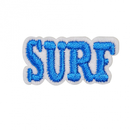 Picture of Polyester Iron On Patches Appliques (With Glue Back) Craft Blue Message " Surf " Embroidered 3.8cm x 1.9cm, 5 PCs