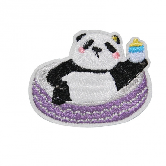 Picture of Polyester Cute Iron On Patches Appliques (With Glue Back) Craft Multicolor Panda Animal Embroidered 5.6cm x 4.4cm, 10 PCs