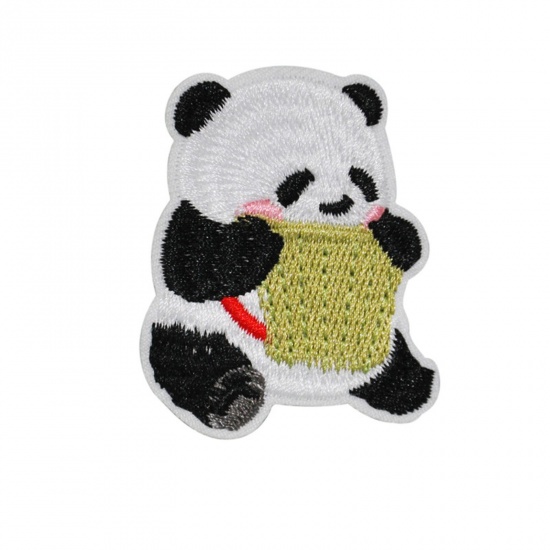 Picture of Polyester Cute Iron On Patches Appliques (With Glue Back) Craft Multicolor Panda Animal Embroidered 5.2cm x 4.2cm, 10 PCs