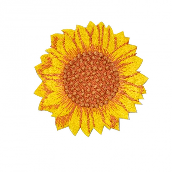 Picture of Polyester Iron On Patches Appliques (With Glue Back) Craft Orange Sunflower Embroidered 6.7cm x 6.6cm, 5 PCs