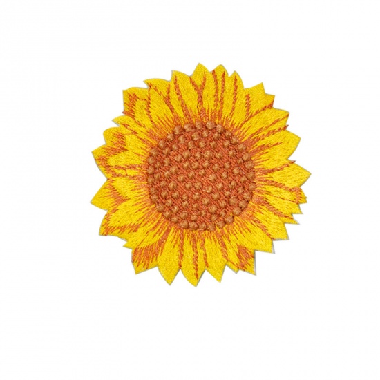 Picture of Polyester Iron On Patches Appliques (With Glue Back) Craft Orange Sunflower Embroidered 5.2cm x 5.2cm, 5 PCs